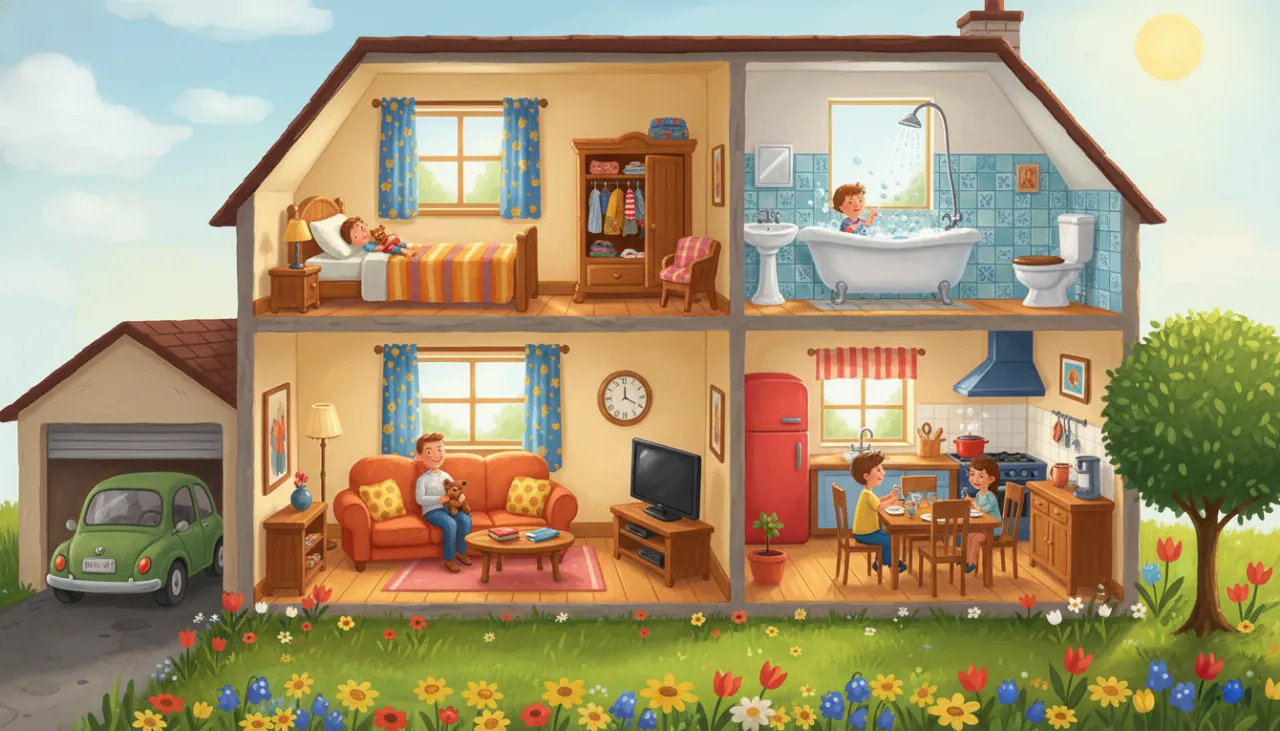 Uma ilustração estilo "casa de bonecas" mostrando o interior de uma casa completa. No andar de cima, vemos o quarto com cama e o banheiro com banheira. No térreo, a sala de estar com sofá e a cozinha com fogão e mesa de jantar. Ao lado, a garagem com um carro estacionado, e na frente, um jardim florido.