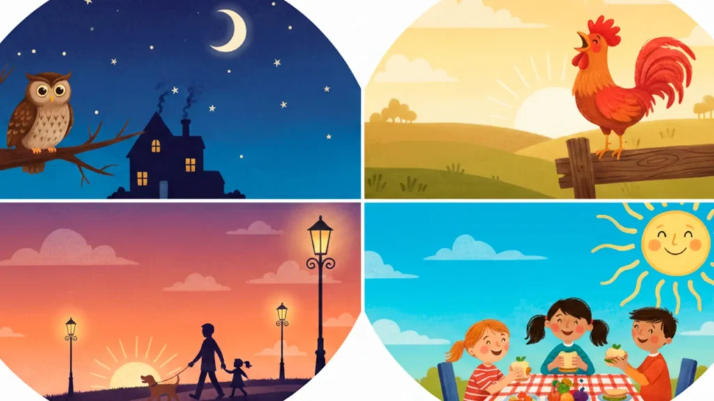 Uma ilustração dividida em quatro partes representando o dia.