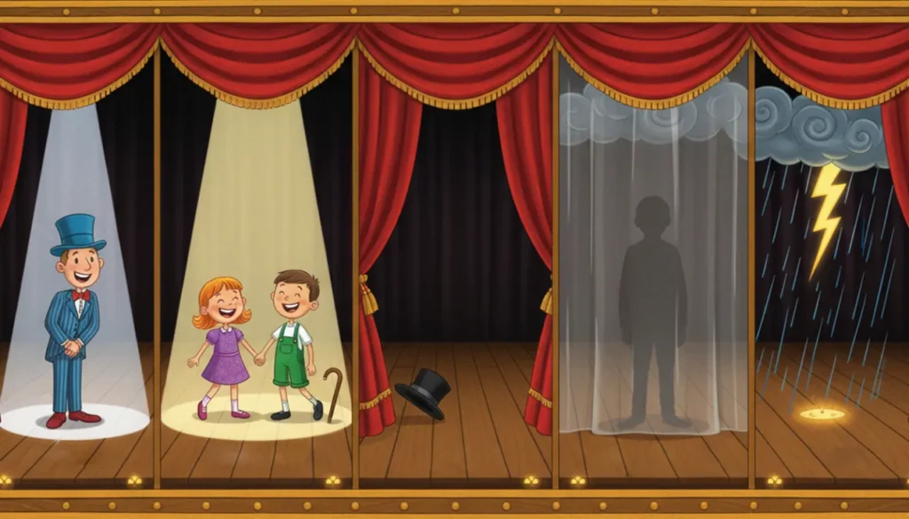 Uma ilustração panorâmica de um palco de teatro dividido em cinco partes, cada uma representando um tipo de sujeito. Da esquerda para a direita: 1) Um único ator sob um holofote (Simples). 2) Dois atores juntos sob um holofote (Composto). 3) Um holofote vazio com um chapéu e bengala na coxia (Oculto). 4) Uma silhueta misteriosa atrás de uma cortina (Indeterminado). 5) Um palco vazio com chuva e raios (Oração sem sujeito).