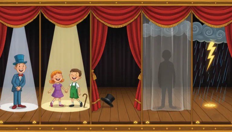 Uma ilustração panorâmica de um palco de teatro dividido em cinco partes, cada uma representando um tipo de sujeito. Da esquerda para a direita: 1) Um único ator sob um holofote (Simples). 2) Dois atores juntos sob um holofote (Composto). 3) Um holofote vazio com um chapéu e bengala na coxia (Oculto). 4) Uma silhueta misteriosa atrás de uma cortina (Indeterminado). 5) Um palco vazio com chuva e raios (Oração sem sujeito).