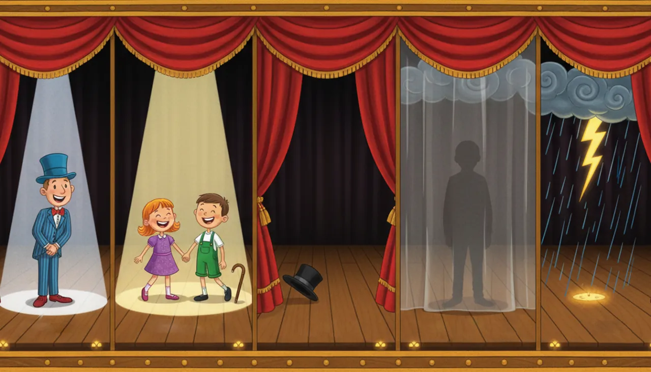 Uma ilustração panorâmica de um palco de teatro dividido em cinco partes, cada uma representando um tipo de sujeito. Da esquerda para a direita: 1) Um único ator sob um holofote (Simples). 2) Dois atores juntos sob um holofote (Composto). 3) Um holofote vazio com um chapéu e bengala na coxia (Oculto). 4) Uma silhueta misteriosa atrás de uma cortina (Indeterminado). 5) Um palco vazio com chuva e raios (Oração sem sujeito).