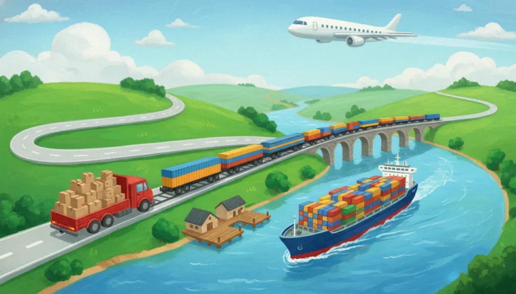 Uma ilustração movimentada de uma rede de transportes. Em uma estrada sinuosa, um caminhão vermelho faz entregas. Ao lado, um trem de carga atravessa uma ponte. No rio abaixo, um navio transporta contêineres para o porto. No céu azul, um avião de passageiros voa alto, completando o cenário logístico.