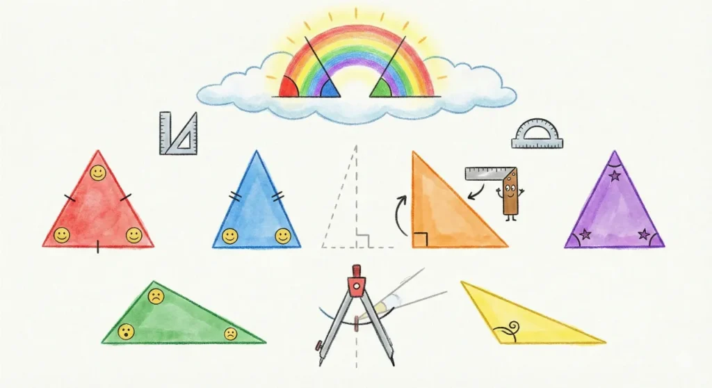Uma ilustração educativa e colorida mostrando os diferentes tipos de triângulos.