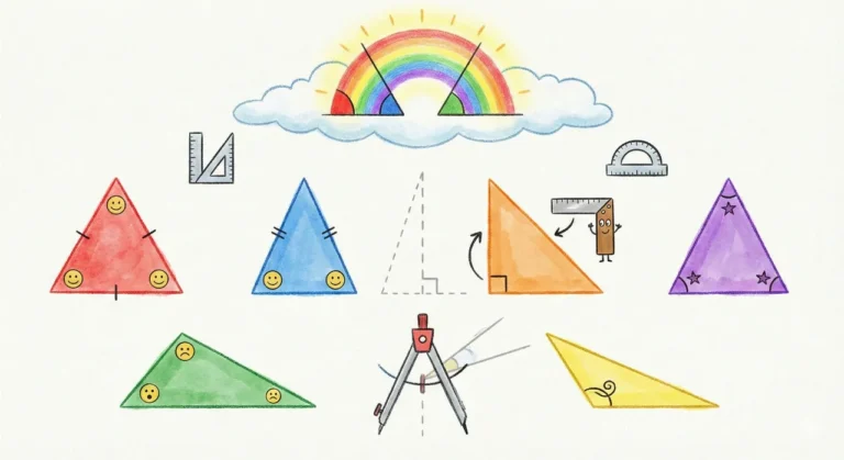 Uma ilustração educativa e colorida mostrando os diferentes tipos de triângulos.