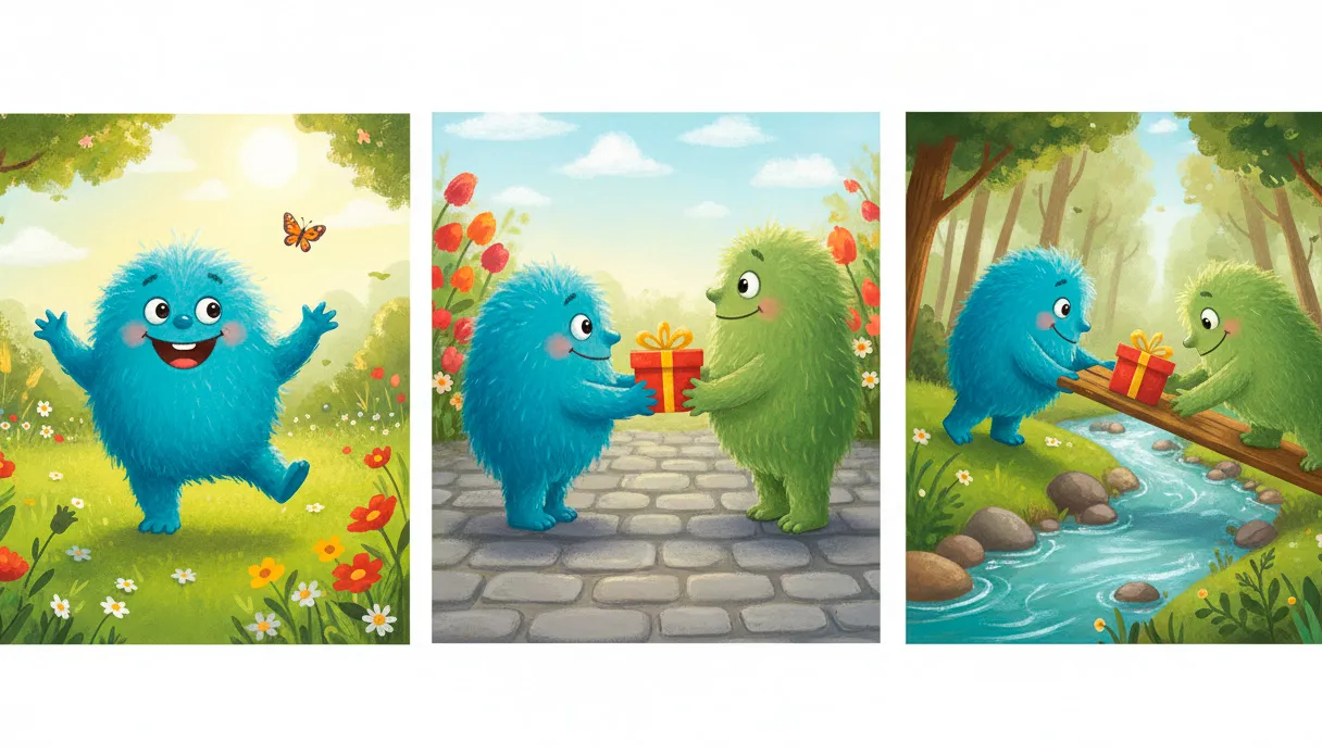 Uma ilustração dividida em três painéis mostrando um personagem azul (o Verbo) em diferentes ações.