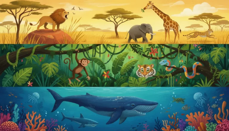 Uma ilustração panorâmica dividida em três habitats de animais selvagens.
