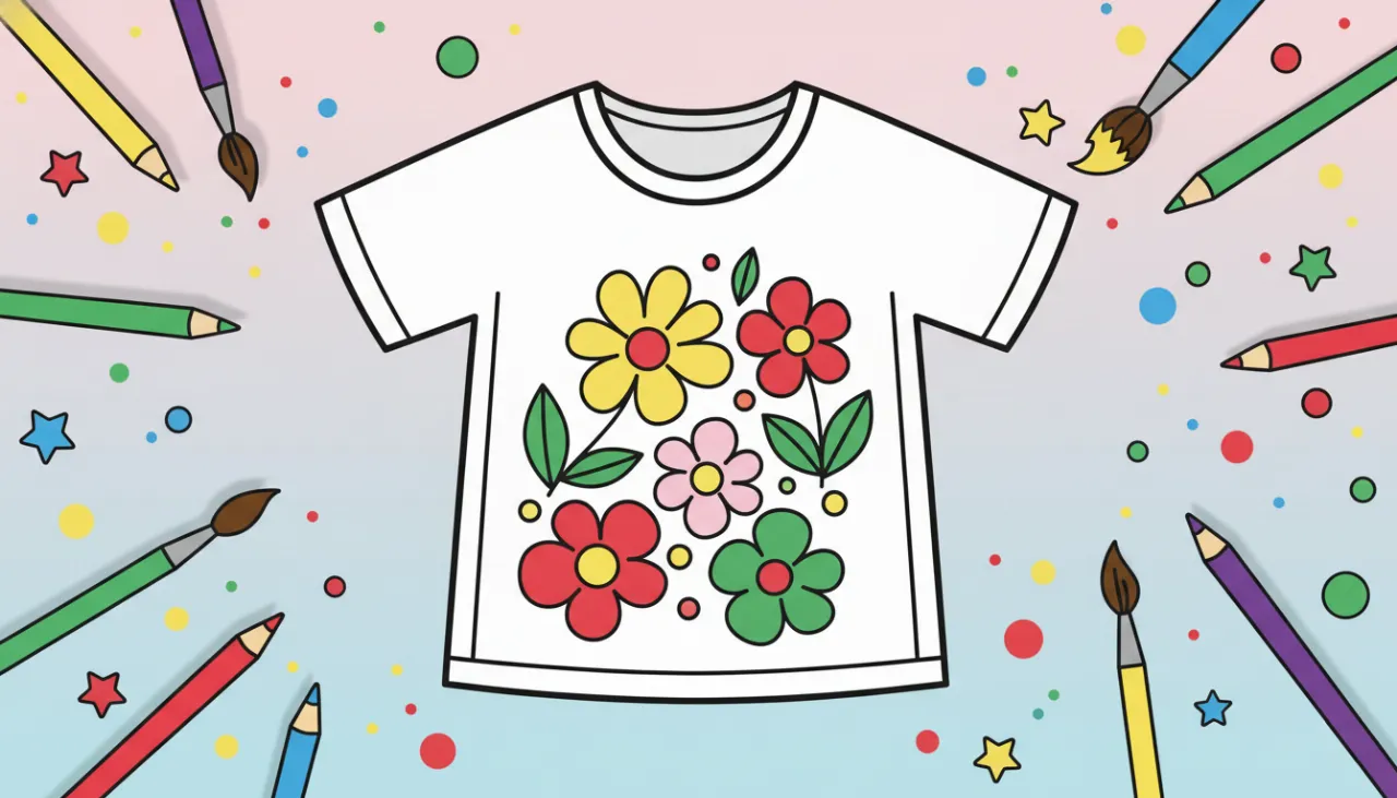 Molde de camiseta para imprimir e colorir rodeado de lápis de cor e pincéis, representando atividade criativa infantil