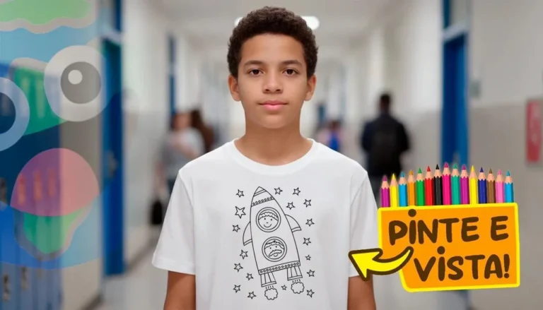 Desenho para colorir e personalizar: Camiseta Personalizada com Desenho de Aventura Espacial para Colorir