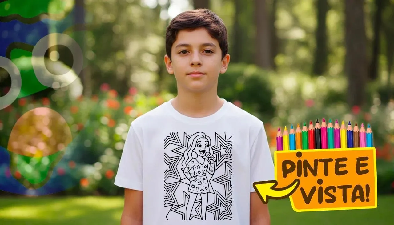 Pessoa usando uma camiseta para colorir sobre Cantora pop estilizada com estrelas ao redor!