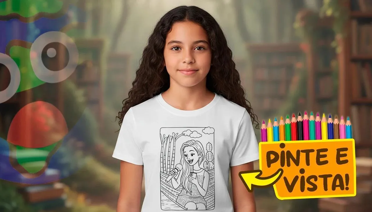 Pessoa usando uma camiseta para colorir sobre Cantora sertaneja no campo para colorir!