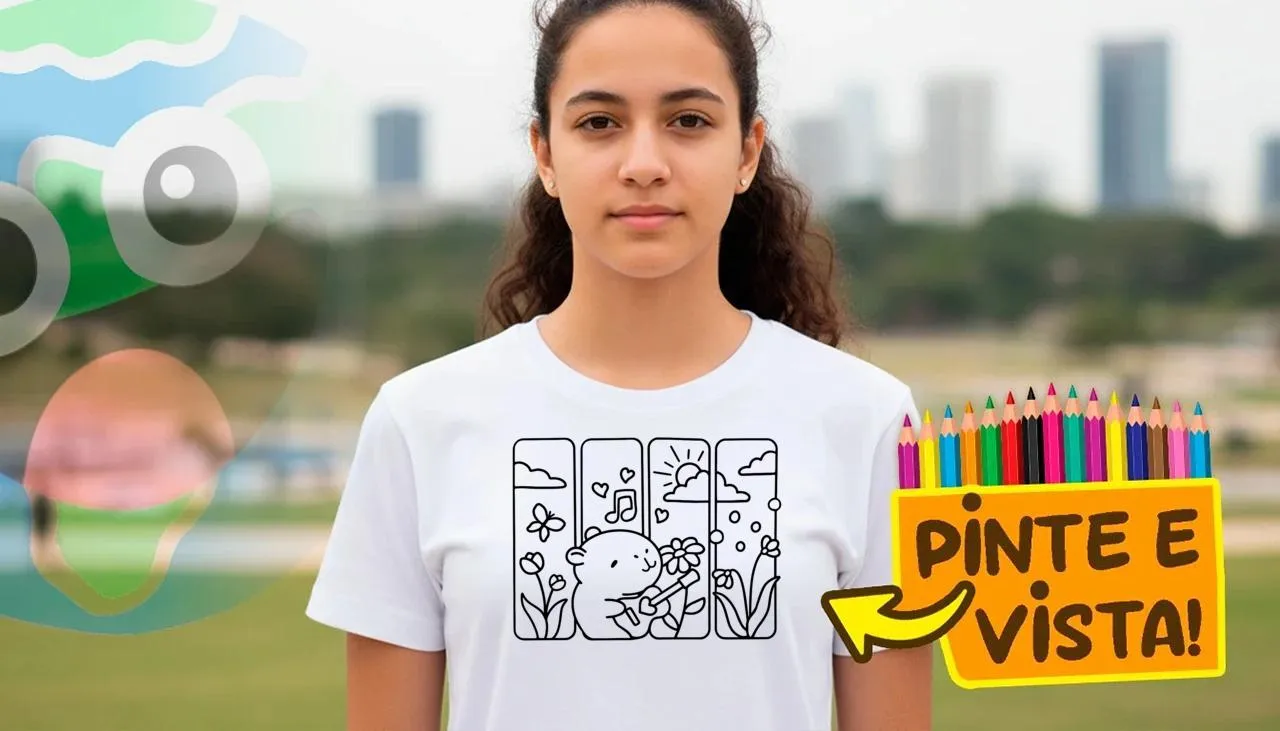 Pessoa usando uma camiseta para colorir sobre Capivara fofa tocando música de amor!