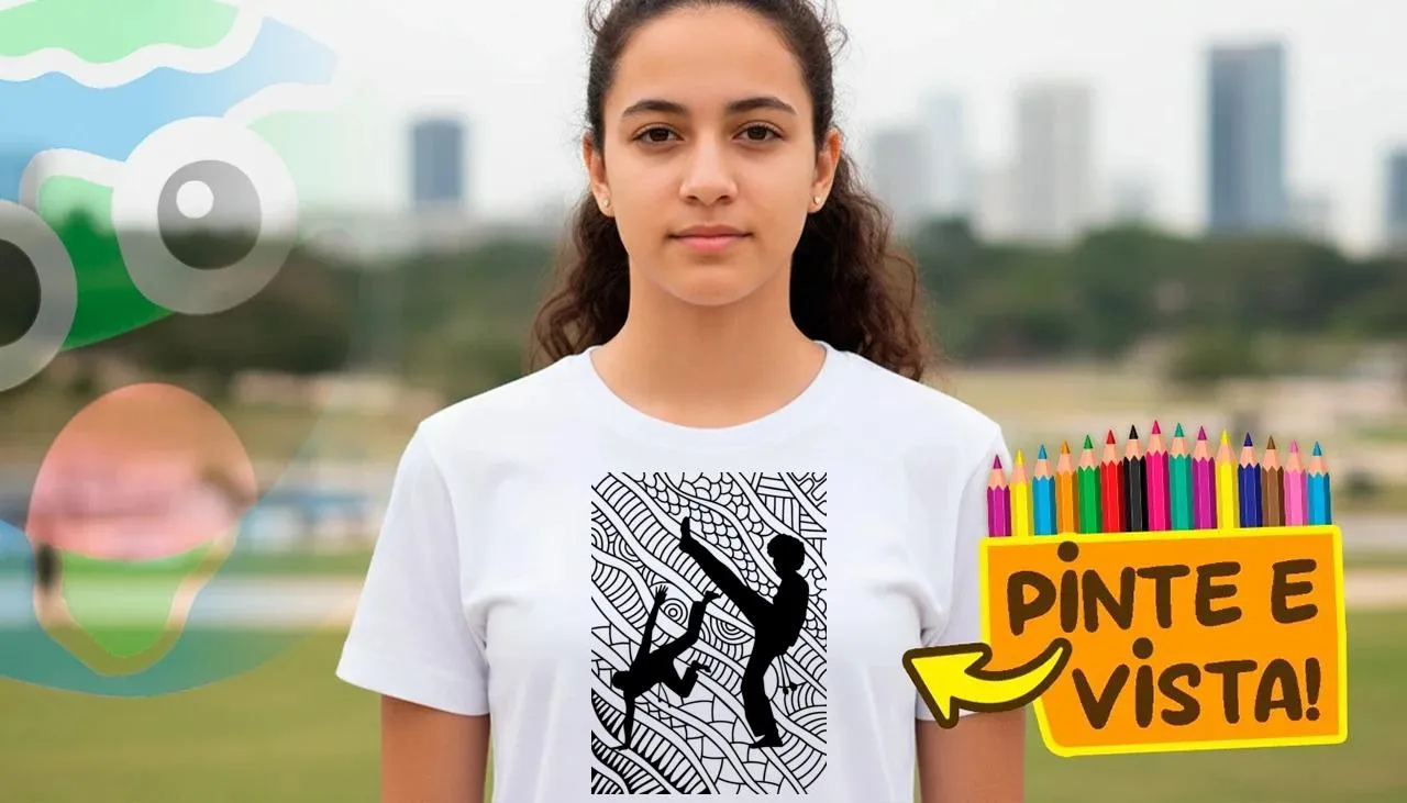 Pessoa usando uma camiseta para colorir sobre Um capoeirista em movimento estilizado para colorir.!