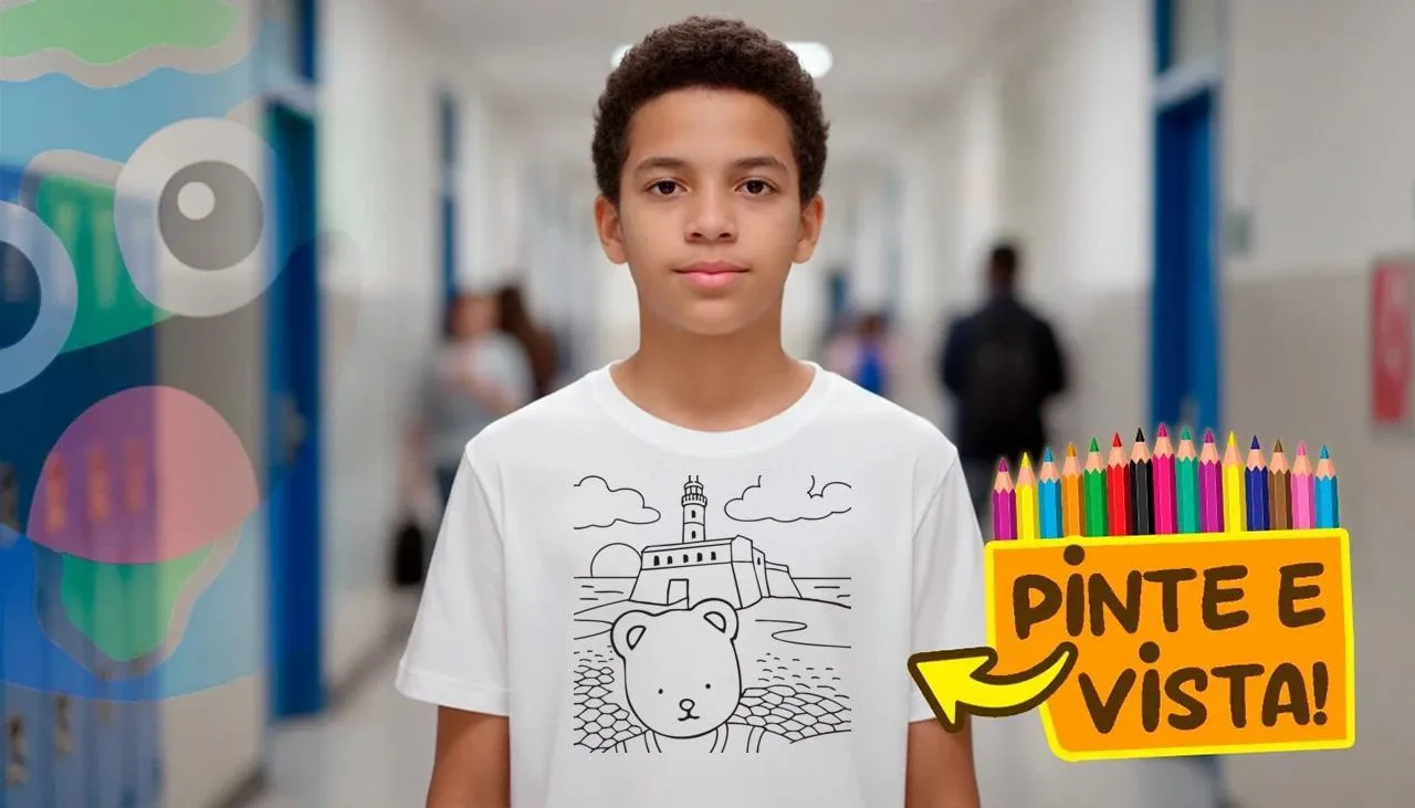 Pessoa usando uma camiseta para colorir sobre Farol da Barra em estilo desenho kawaii para personalização de presentes.!