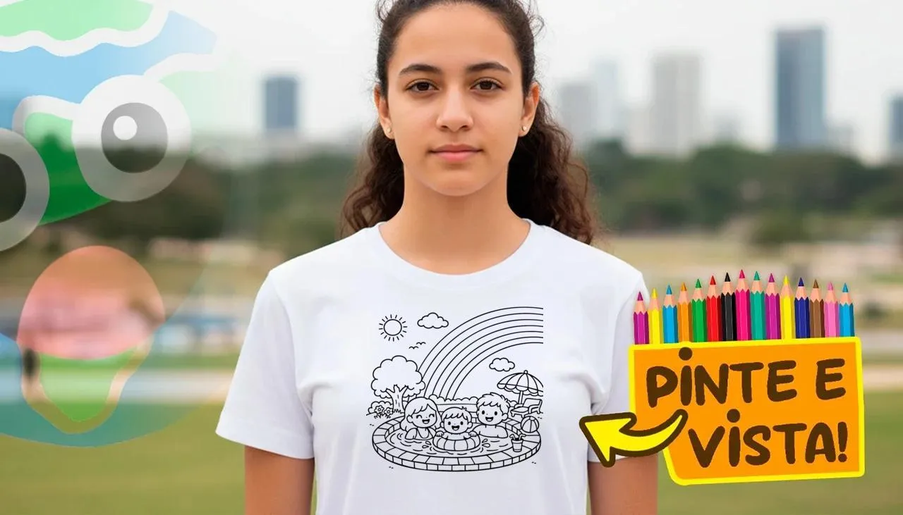Pessoa usando uma camiseta para colorir sobre Família na Piscina!