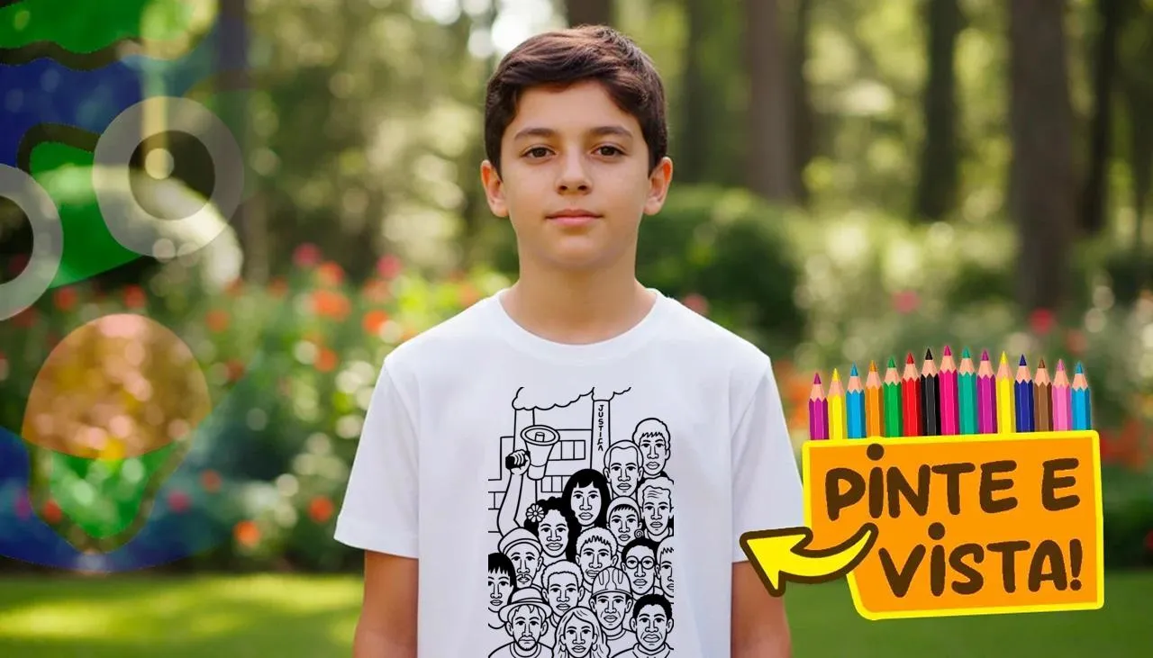 Pessoa usando uma camiseta para colorir sobre Operários segurando a balança da Justiça.!