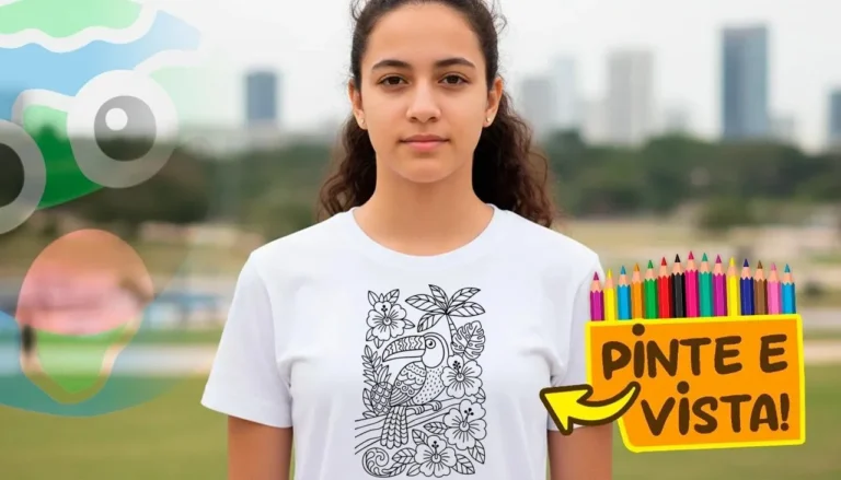Desenho para colorir e personalizar: Camiseta Personalizada com Tucano para Colorir no Jardim Tropical