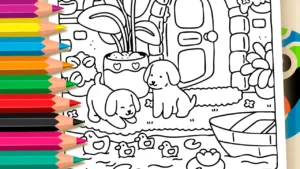 Desenho para colorir Desenho de Cachorrinhos e Patinhos Fofos para Colorir: Pinte Online ou Imprima Grátis