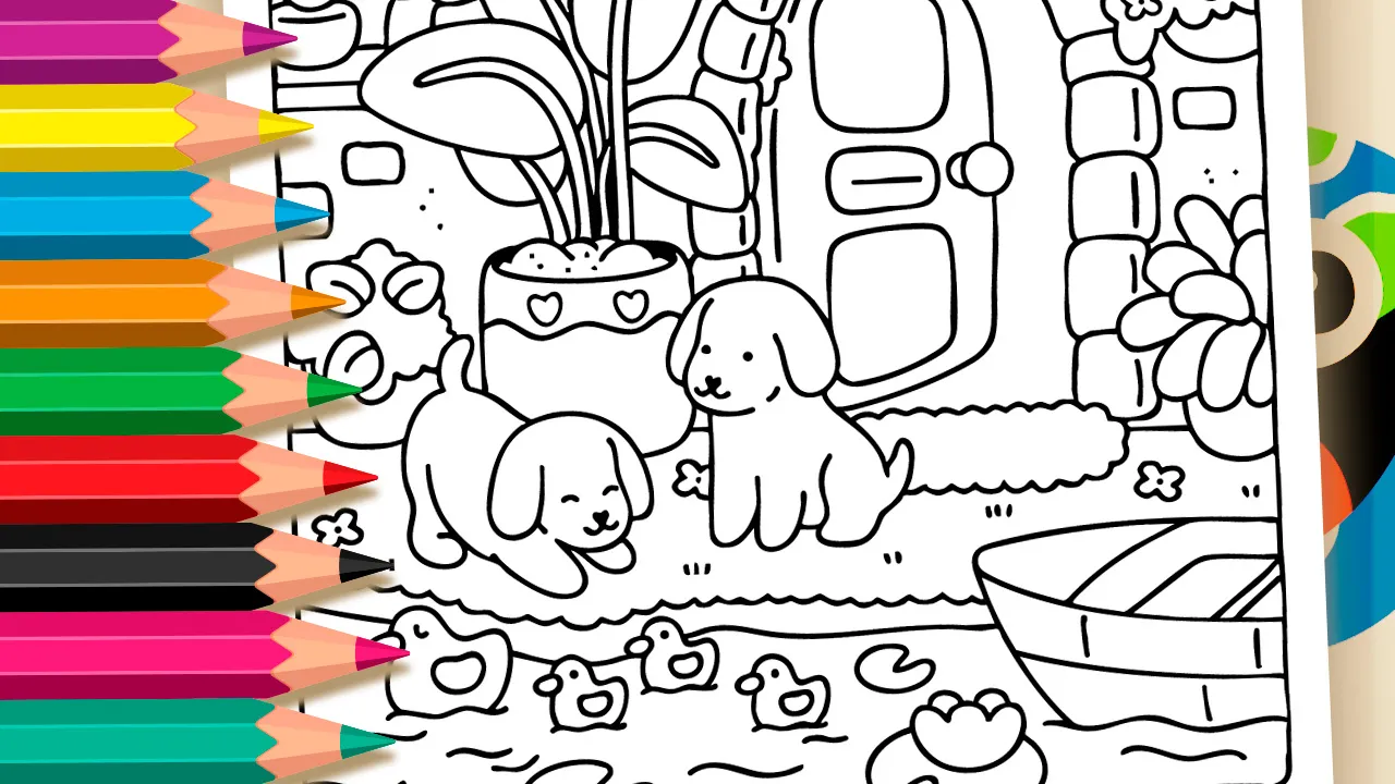 Desenho de Cachorrinhos e Patinhos Fofos para Colorir: Pinte Online ou Imprima Grátis