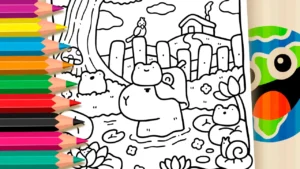 Desenho para colorir Desenho de Capivara no Lago com Sapos para Colorir: Pinte Online ou Imprima em PDF Grátis