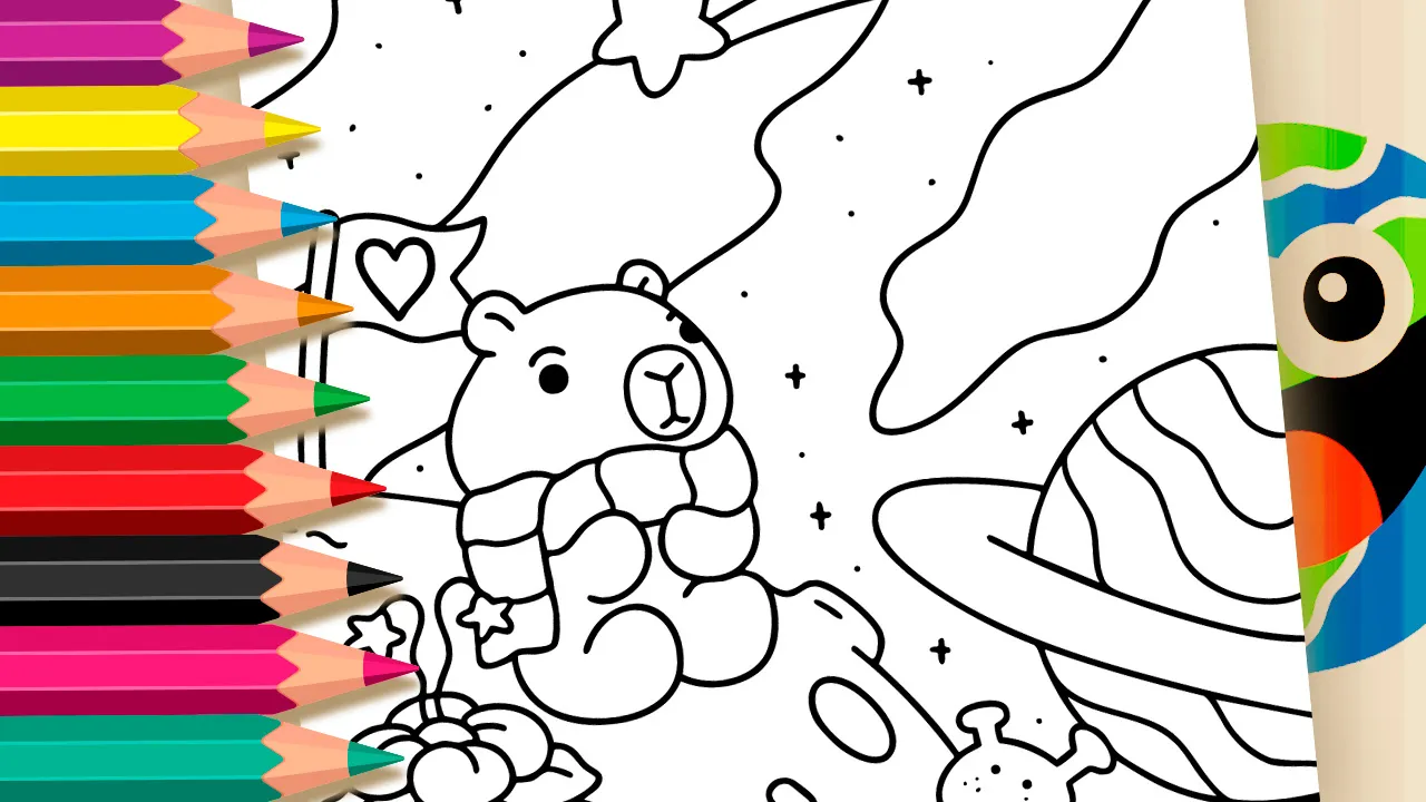 Desenho de Capivara Fofa no Espaço para Colorir: Pinte Online ou Imprima em Alta Qualidade