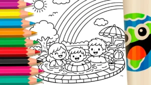 Desenho para colorir Desenho de Família na Piscina para Colorir e Pintar