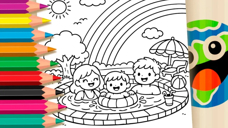 Desenho de Família na Piscina para Colorir e Pintar
