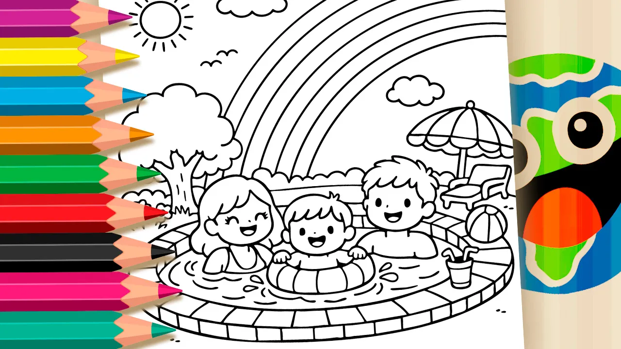 Desenho de Família na Piscina para Colorir e Pintar
