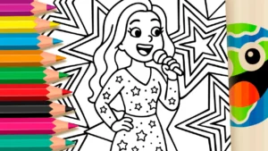 Desenho para colorir Desenho de Cantora Pop com Estrelas para Colorir e Personalizar