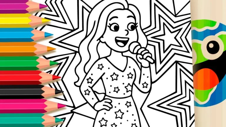 Desenho de Cantora Pop com Estrelas para Colorir e Personalizar