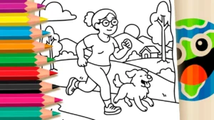 Desenho para colorir Desenho de Garota Correndo com Cachorro para Colorir: Pinte Online ou Imprima Grátis
