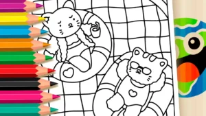 Desenho de Gatinhos na Piscina para Colorir: Pinte Online ou Imprima em PDF Grátis