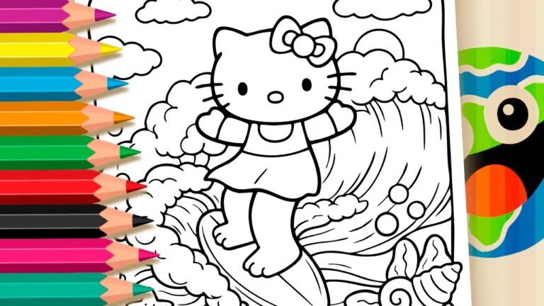 Desenho de Hello Kitty Surfista para Colorir: Pinte Online ou Imprima em Alta Qualidade
