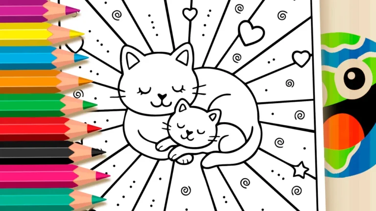Desenho de Gata Mamãe e Filhote para Colorir Online