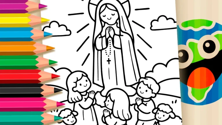 Desenho de Nossa Senhora e as Crianças Pastorinhas para Colorir: Pinte Online ou Imprima Grátis