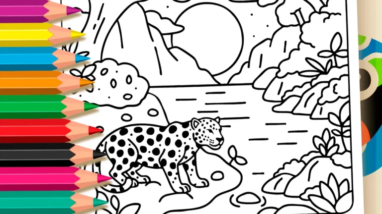 Desenho de Onça-Pintada na Natureza para Colorir: Pinte Online ou Imprima PDF Grátis