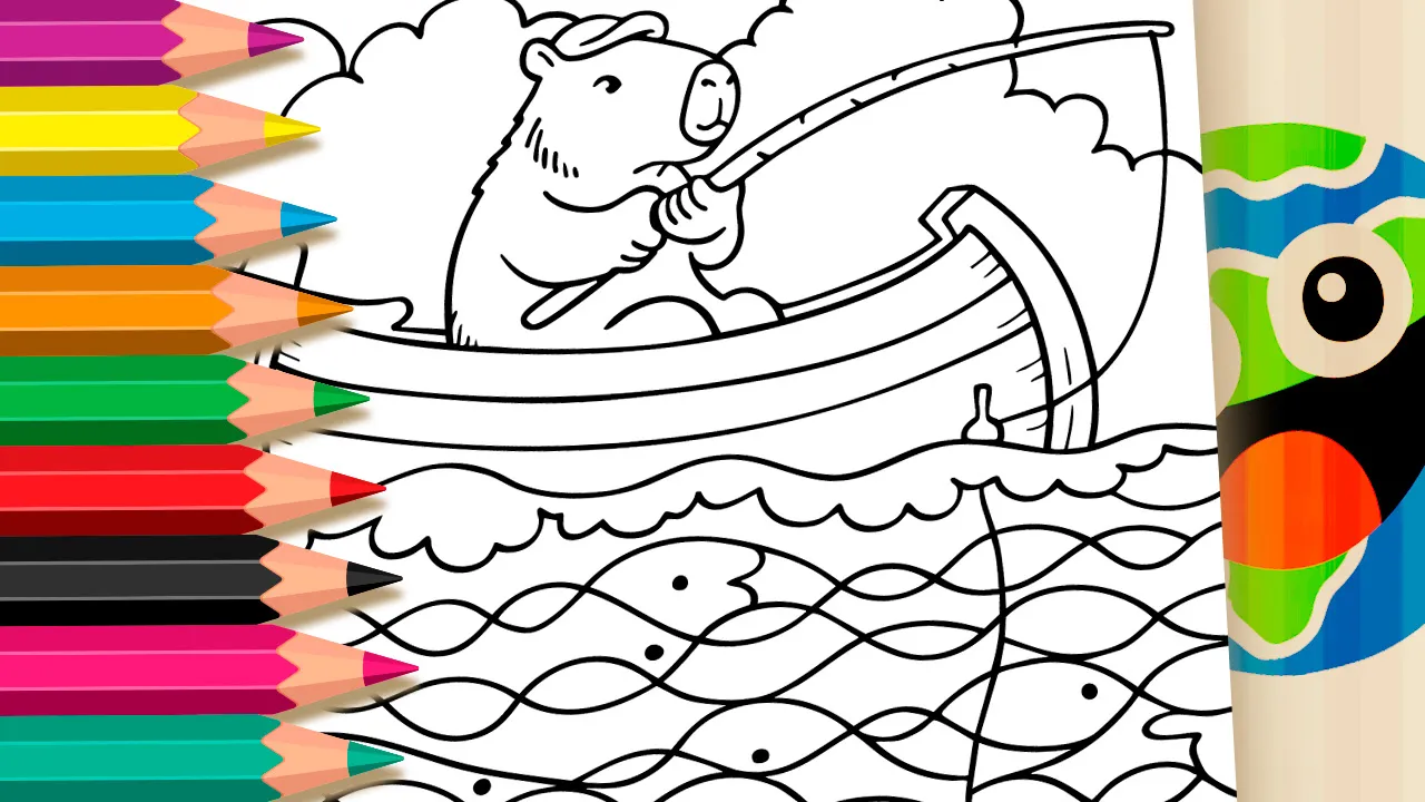 Desenho de Capivara Pescando para Colorir e Personalizar