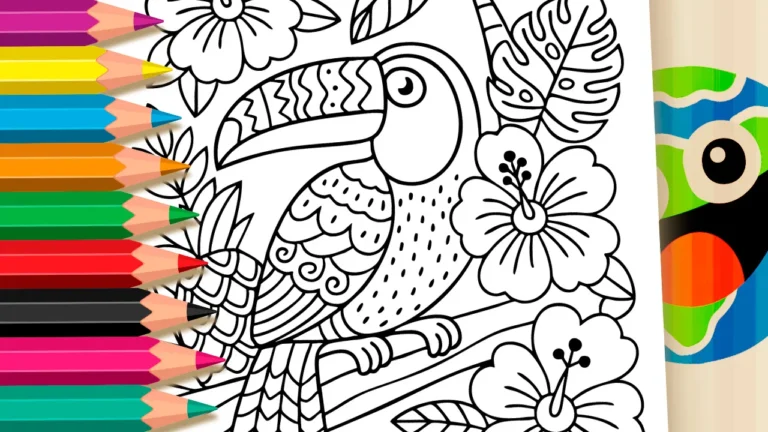 Desenho de Tucano em Jardim Tropical para Colorir Online ou Imprimir Grátis
