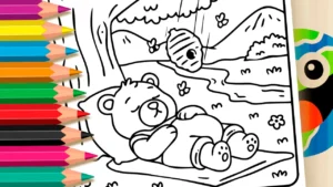 Desenho para colorir Desenho de Urso Dormindo e Abelhas para Colorir: Pinte Online ou Imprima PDF Grátis