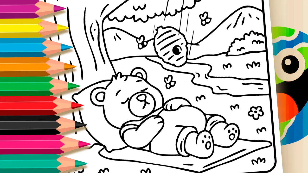 Desenho de Urso Dormindo e Abelhas para Colorir: Pinte Online ou Imprima PDF Grátis