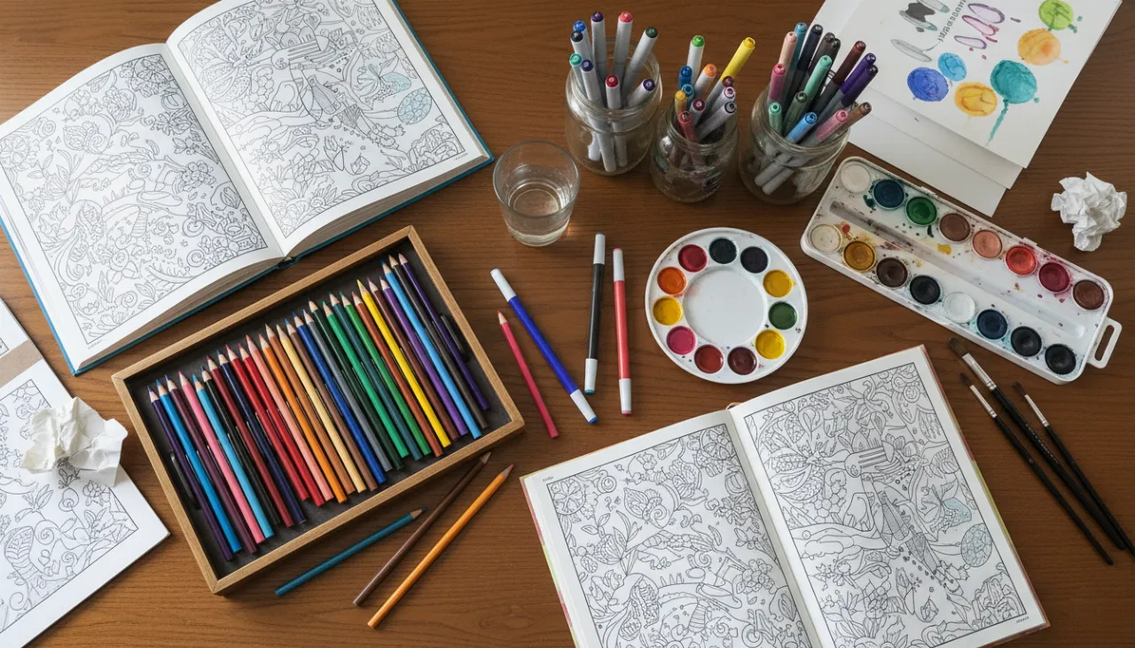 Mesa de artes com lápis de cor, marcadores e desenhos para colorir prontos para serem pintados.