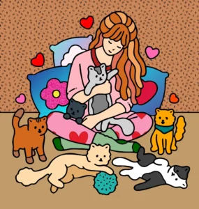 Red girl with cats