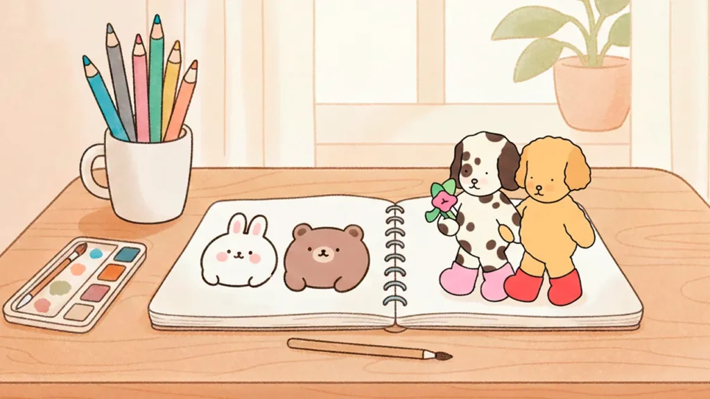 Ilustração fofinha no estilo Bobbie Goods com personagens minimalistas e lápis coloridos sobre uma mesa de desenho.