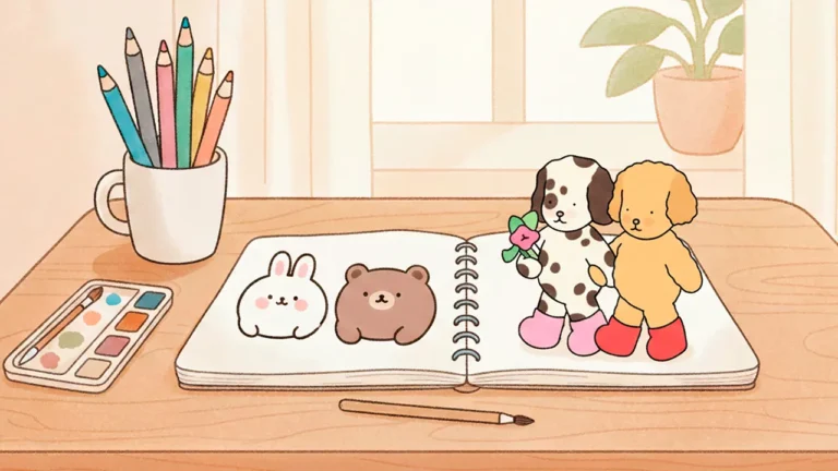 Ilustração fofinha no estilo Bobbie Goods com personagens minimalistas e lápis coloridos sobre uma mesa de desenho.