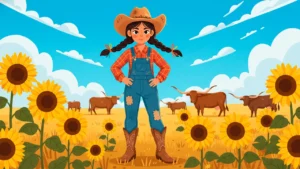 Ilustração de uma jovem boiadeira com chapéu de cowboy e trança em campo aberto com bois e girassóis ao fundo.