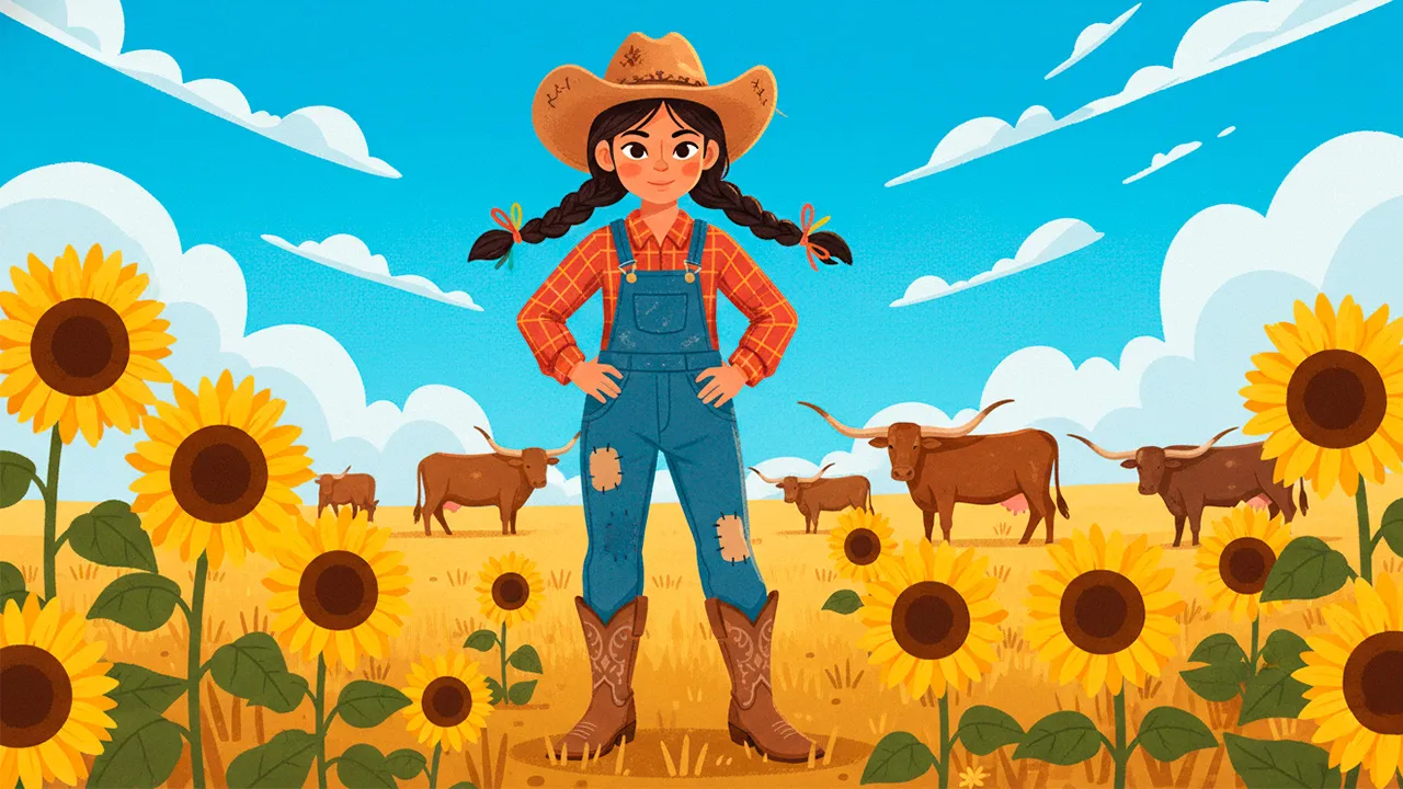 Ilustração de uma jovem boiadeira com chapéu de cowboy e trança em campo aberto com bois e girassóis ao fundo.