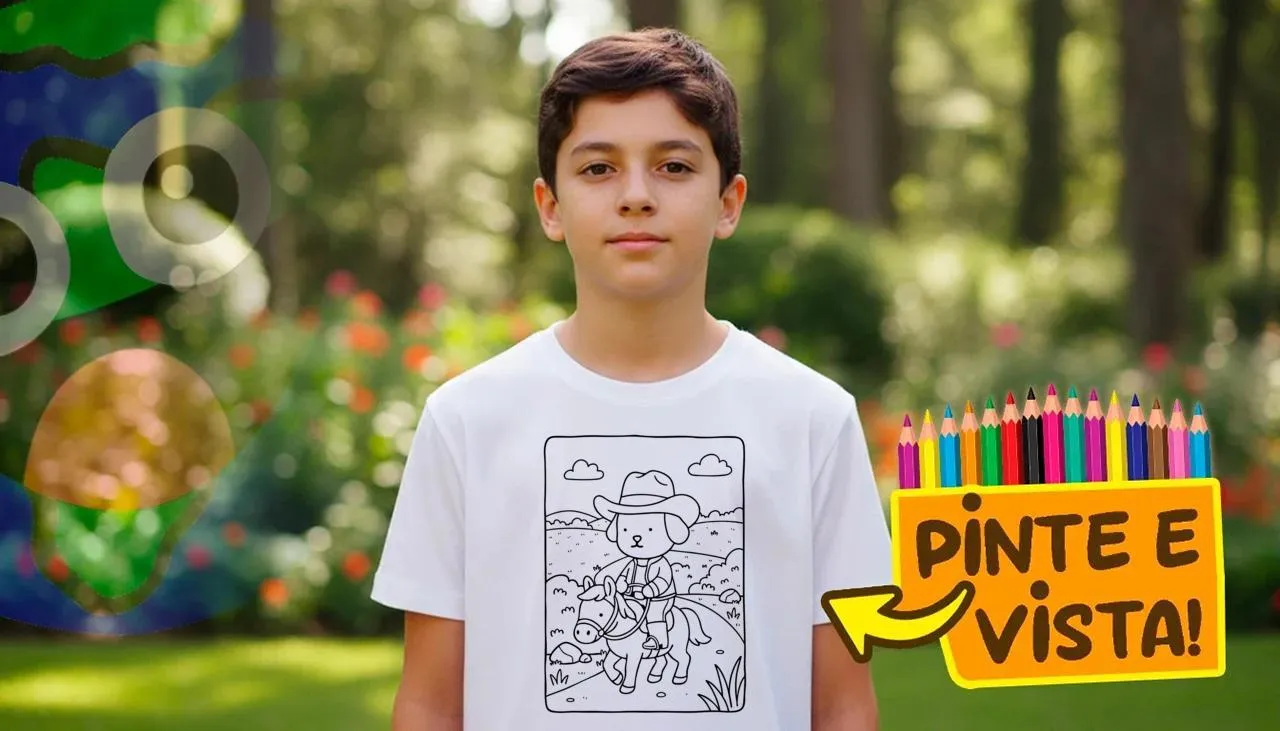 Pessoa usando uma camiseta para colorir sobre Cachorrinho Vaqueiro na Roça!