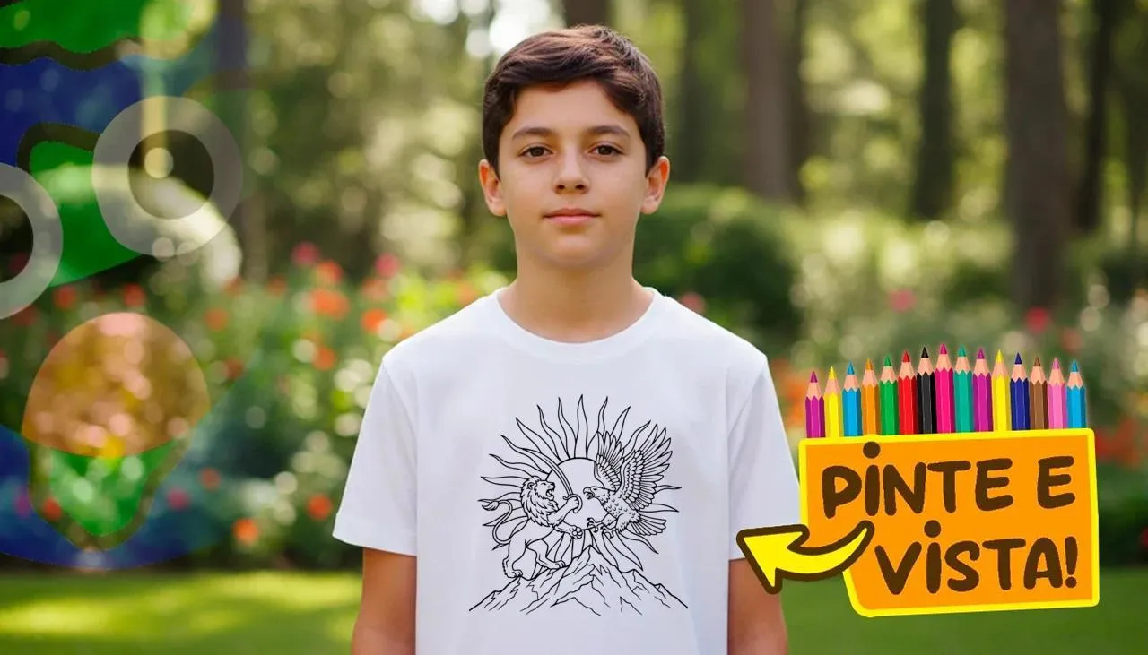 Pessoa usando uma camiseta para colorir sobre Leão e Águia na Montanha!