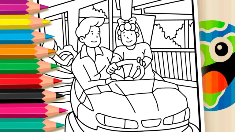 Desenho de Casal no Carrinho de Bate-Bate para Colorir Online