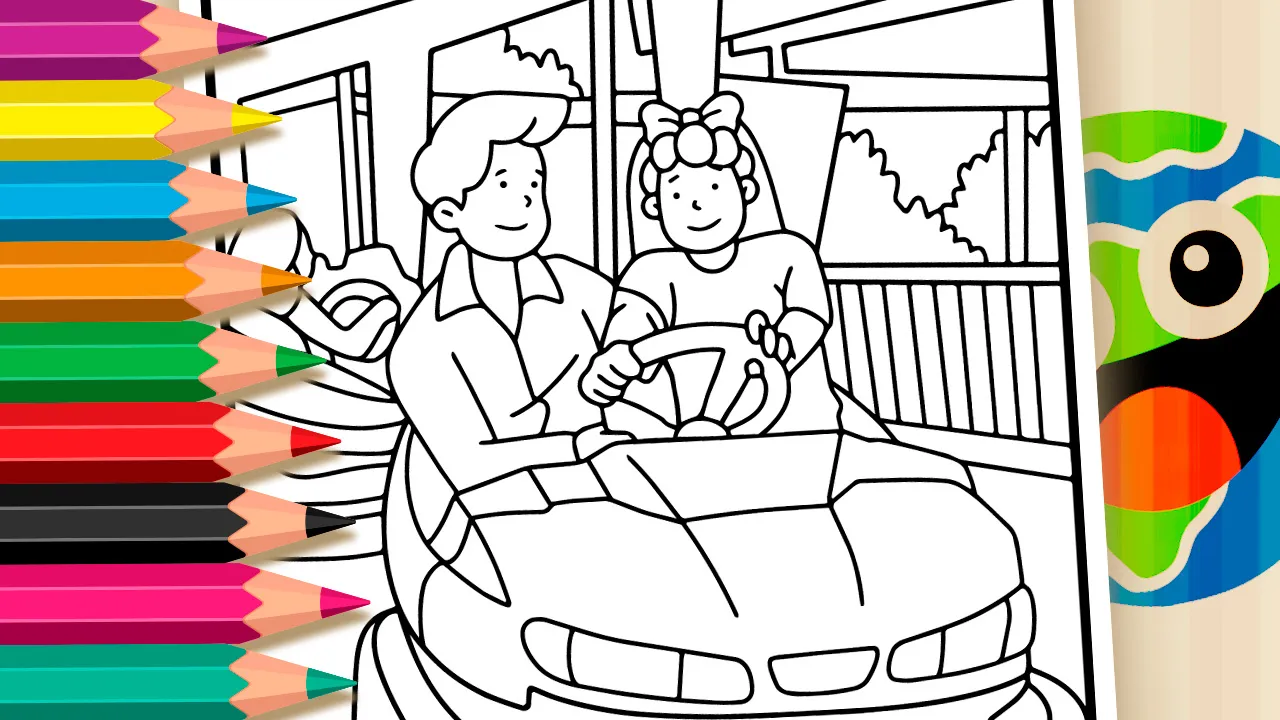 Desenho de Casal no Carrinho de Bate-Bate para Colorir Online