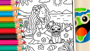 Desenho para colorir Arrumando o Stitch na Praia GRÁTIS ▷ Pinte no Celular